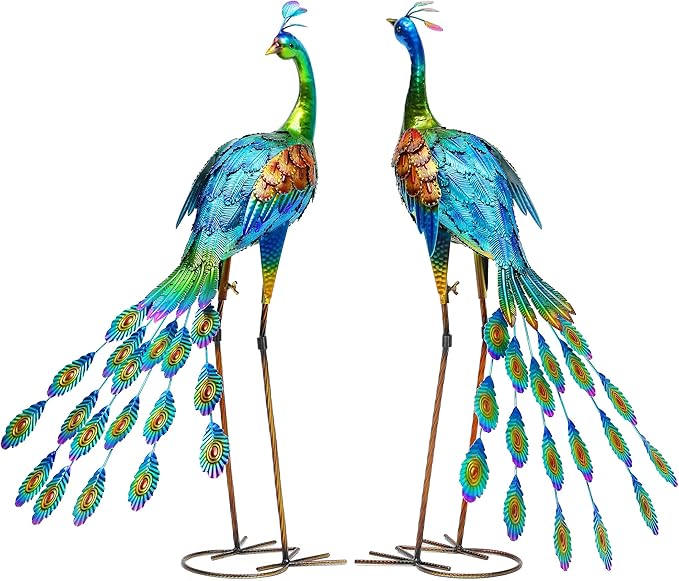 32" Tall Metal Peacock Garden Decor Outdoor Statues, Metal Standing Couple Peacock Decor for Outdoor, Handcrafted Garden Art Sculptures for Patio, Yard, Lawn Home Decoration, Set of 2