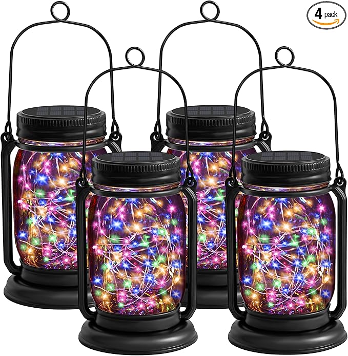 4 Pack Hanging Solar Lantern Lights, 30LED Vintage Glass Mason Jar Solar Fairy Lights Outdoor Decorative Waterproof Table Lamp with Stakes for Patio Yard Lawn Tree