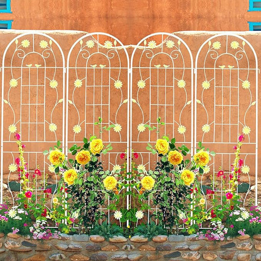 4 Pack Metal Garden Trellis 71" H Cream White Garden Fence Rustproof Trellis for Climbing Plants Support Roses Flower Outdoor Lawn, White 6FT