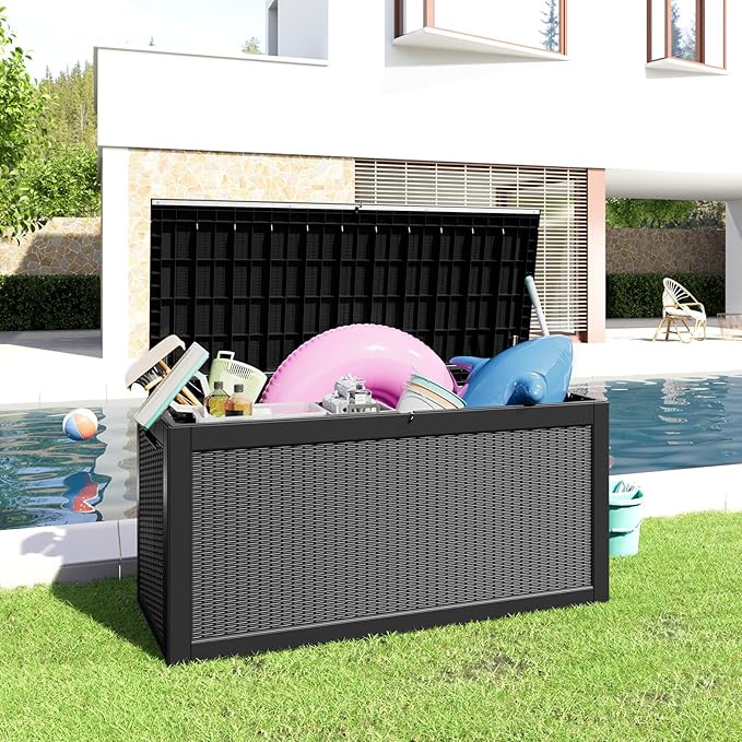 260 Gallon Resin Deck Box, Lockable Patio Outdoor Storage Box for Furniture, Garden Tools and Tools Storage, Waterproof Outside Storage Boxes - Black