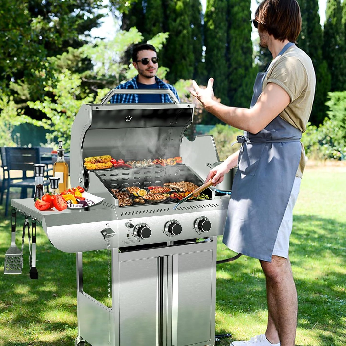 3-Burner Propane Gas Grill with Side Burner – 34,000 BTU Stainless Steel Outdoor BBQ Grill, Cast Iron Grates, Portable with Wheels for Patio, Camping