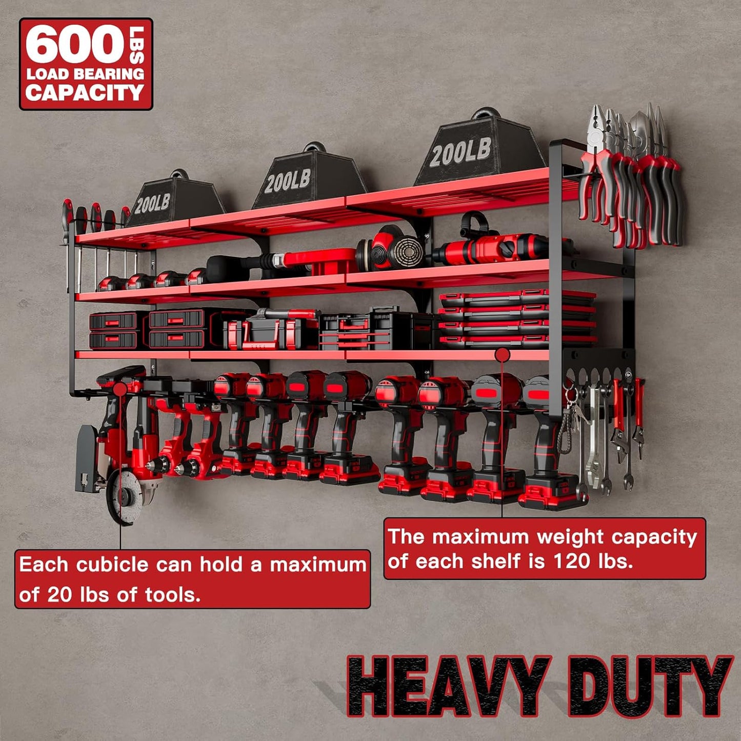 48" Large Power Tools Organizer Wall Mount,12 Drill Holder for Garage, Workshop Heavy Duty Storage Rack (Red)