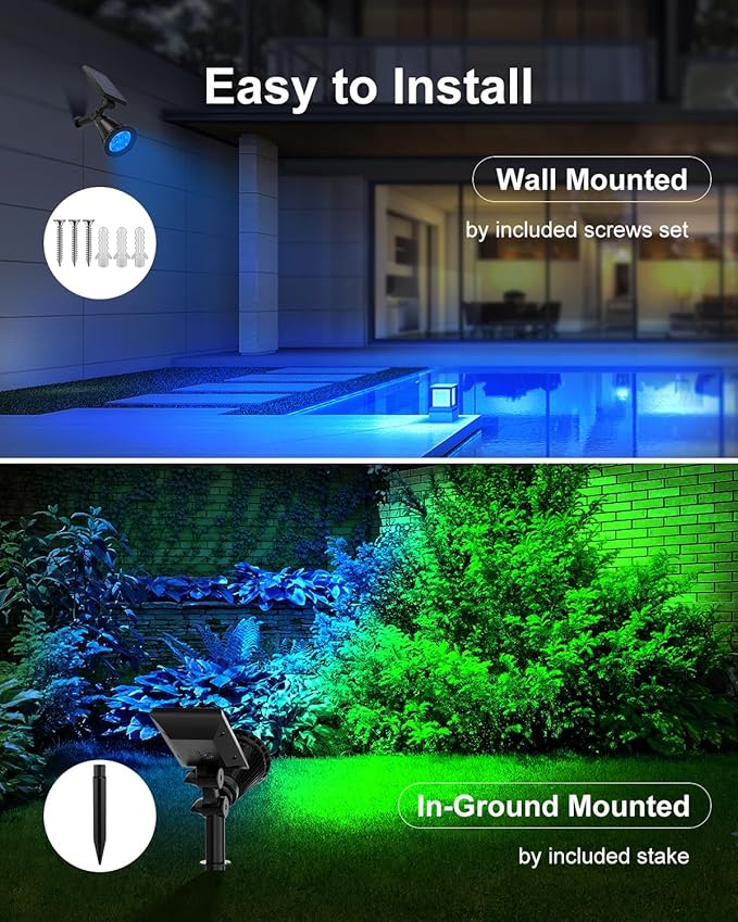 4 Pack Color Changing Solar Spotlights Outdoor for Decorations, Tree, Statue, House Wall, Super Bright Waterproof Solar Lanscape Spot Lights Uplighting for Outside, Yard, Garden, Adjustable Brightness