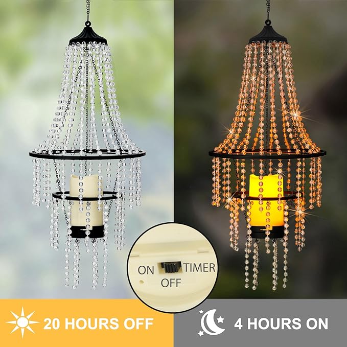 Hanging Candle Chandelier Outdoor, Battery Operated Clear Acrylic Beaded Chandelier with Flickering Led Candle Light S Hooks Modern Lantern for Garden Yard Patio Gazebo Room Indoor Decorations, 28”H
