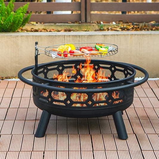 36 Inch Fire Pit, Outdoor Wood Burning Firepit with Removable Grill & Poker, Heavy Duty Metal Round Fireplace,2 in 1 Large Bonfire for Outside,BBQ,Yard,Patio
