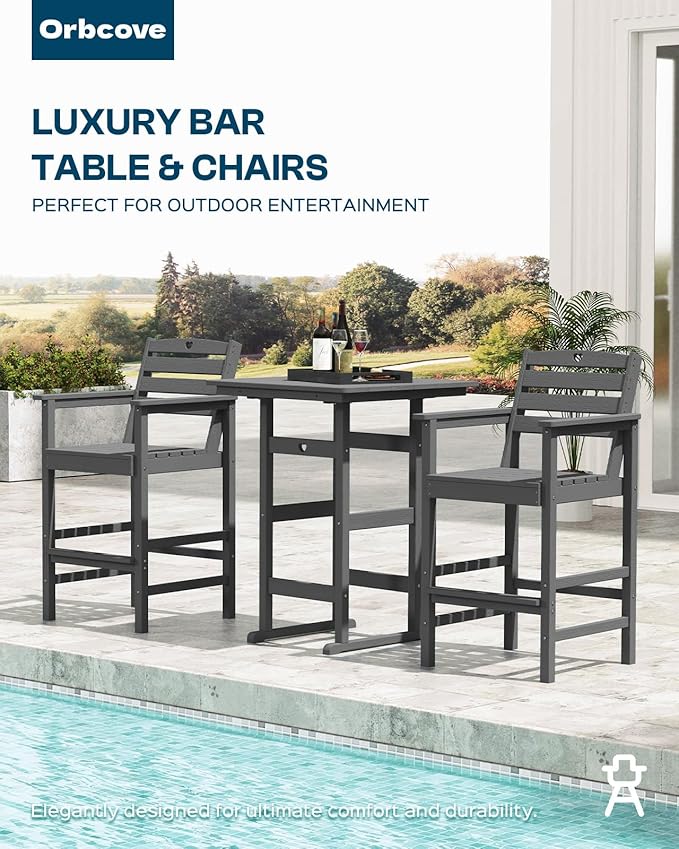 3-Piece HDPE Outdoor Bar, Outdoor Bar Stools and Outdoor Bar Table with Heart Cutout Design, All Weather Bistro Set Outdoor for Patio, Porch, Pool (Grey)