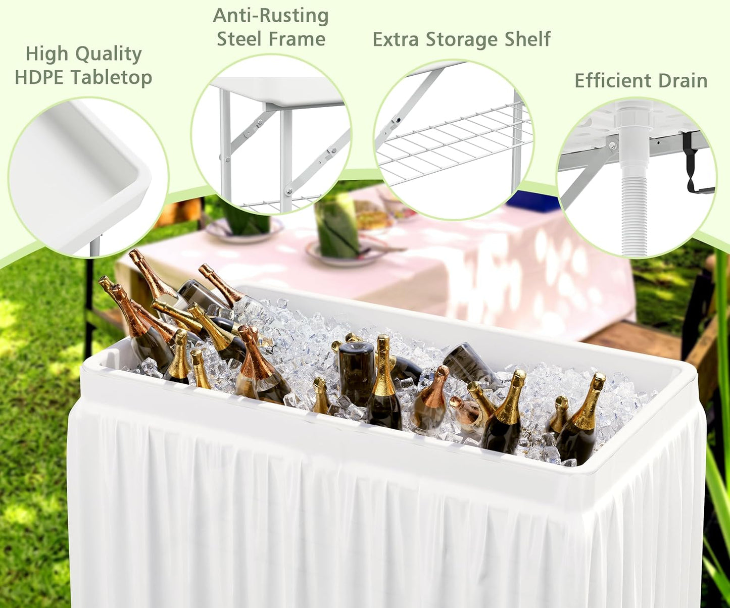 4 Foot Ice Cooler Table with Matching Skirt & Drain Hose, with Iron Stand, Portable Patio Outdoor Chilling Table Portable Bar for Events for Party, Picnic, BBQ, Camping (White)