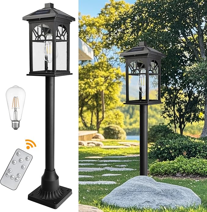 31" Solar Pathway Lights Outdoor, Black Aluminum Bollard Lighting with Remote Control - Dusk to Dawn LED Post Light, IP44 Waterproof for Lawn, Patio, Driveway & Backyard Decor (Bulb Included)