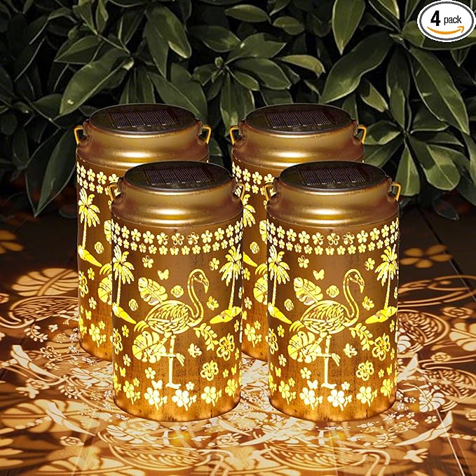 4 Pack Flamingo Solar Lanterns Outdoor Waterproof, Metal Hanging Lights Decorations for Garden Yard Lawn Patio, Flamingo Gifts for Women Mom Grandma Gardener for Mother'Day Christmas