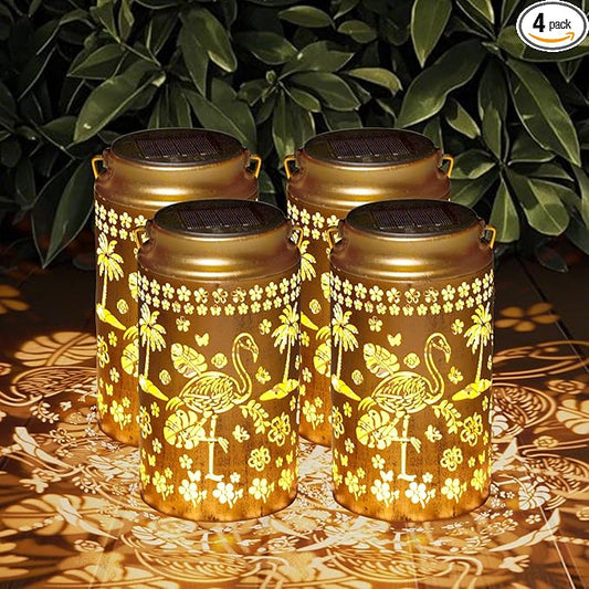 4 Pack Flamingo Solar Lanterns Outdoor Waterproof, Metal Hanging Lights Decorations for Garden Yard Lawn Patio, Flamingo Gifts for Women Mom Grandma Gardener for Mother'Day Christmas