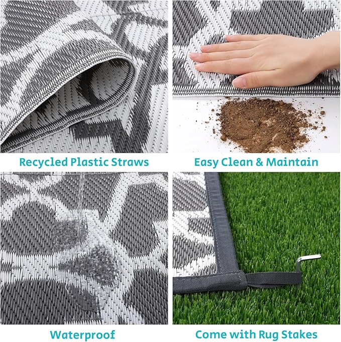 HEBE Outdoor Rug Waterproof 9x12, Plastic Straw Rug Camping Rug, Reversible Outdoor Patio Rugs RV Mat Clearance, Indoor Outside Floor Carpet for Porch,Deck,Camper,Balcony,Backyard