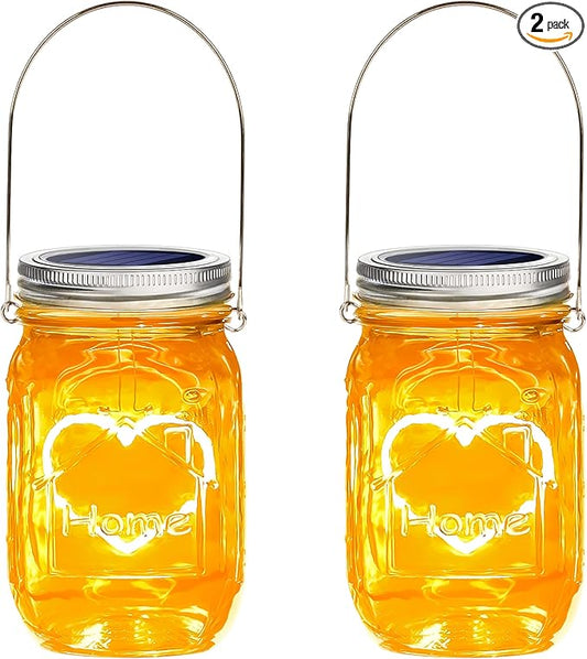 Hanging Solar Mason Jar Lights, 2 Pack Warm Heart Shape Led Lights, Solar Powered Lanterns Outdoor Waterproof, Hangers and Jars Included, Gift for Lover, Home Party Wedding Garden Patio Decor (2)