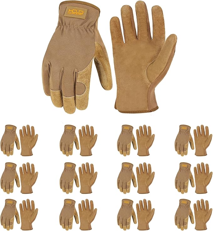 HANDLANDY Leather Work Gloves for Men & Women, Reinforced Durable Garden Gloves, Cowhide Working Glove for Gardening
