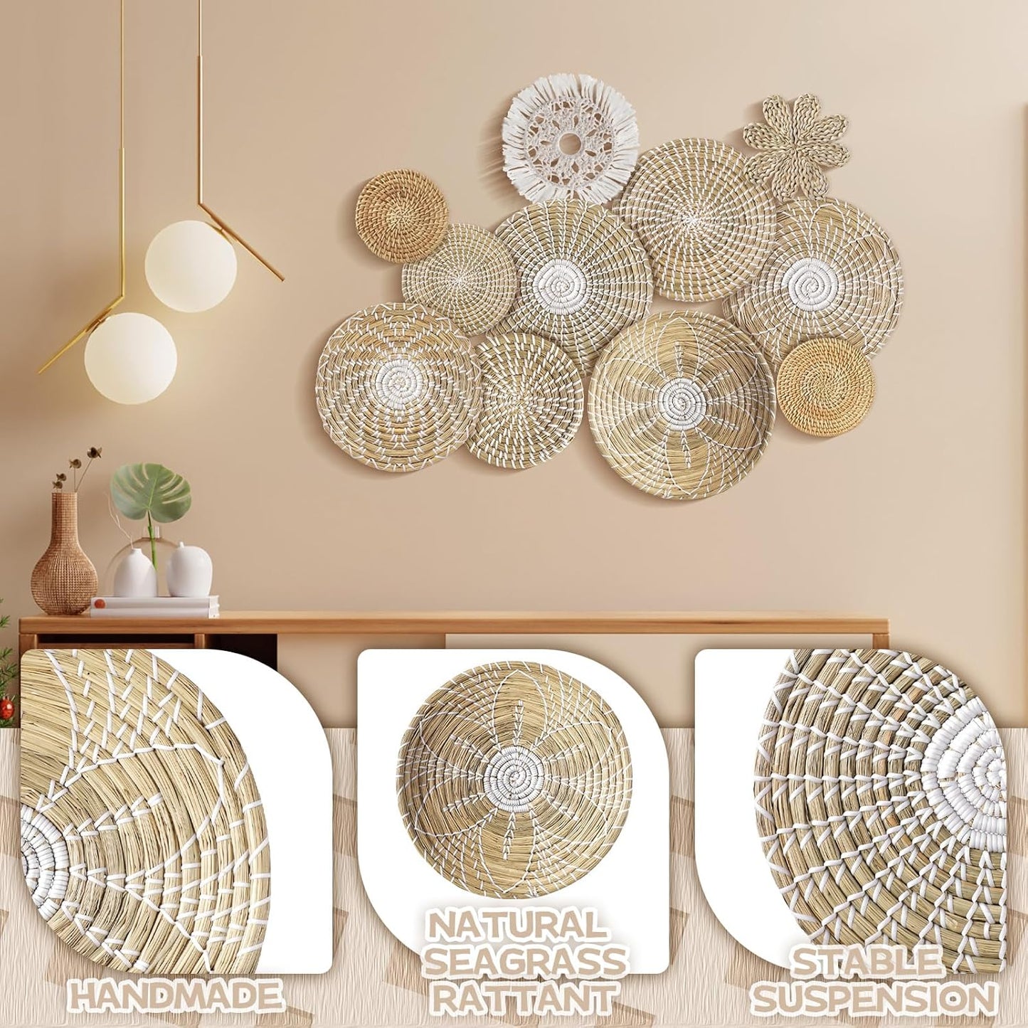 11 Pcs Boho Hanging Wall Basket Decor Handmade Woven Basket Wall Decorative Boho Wicker Baskets Placemats Round Farmhouse Bulrush Art for Rustic Home Decorations Christmas Gift(Fresh)