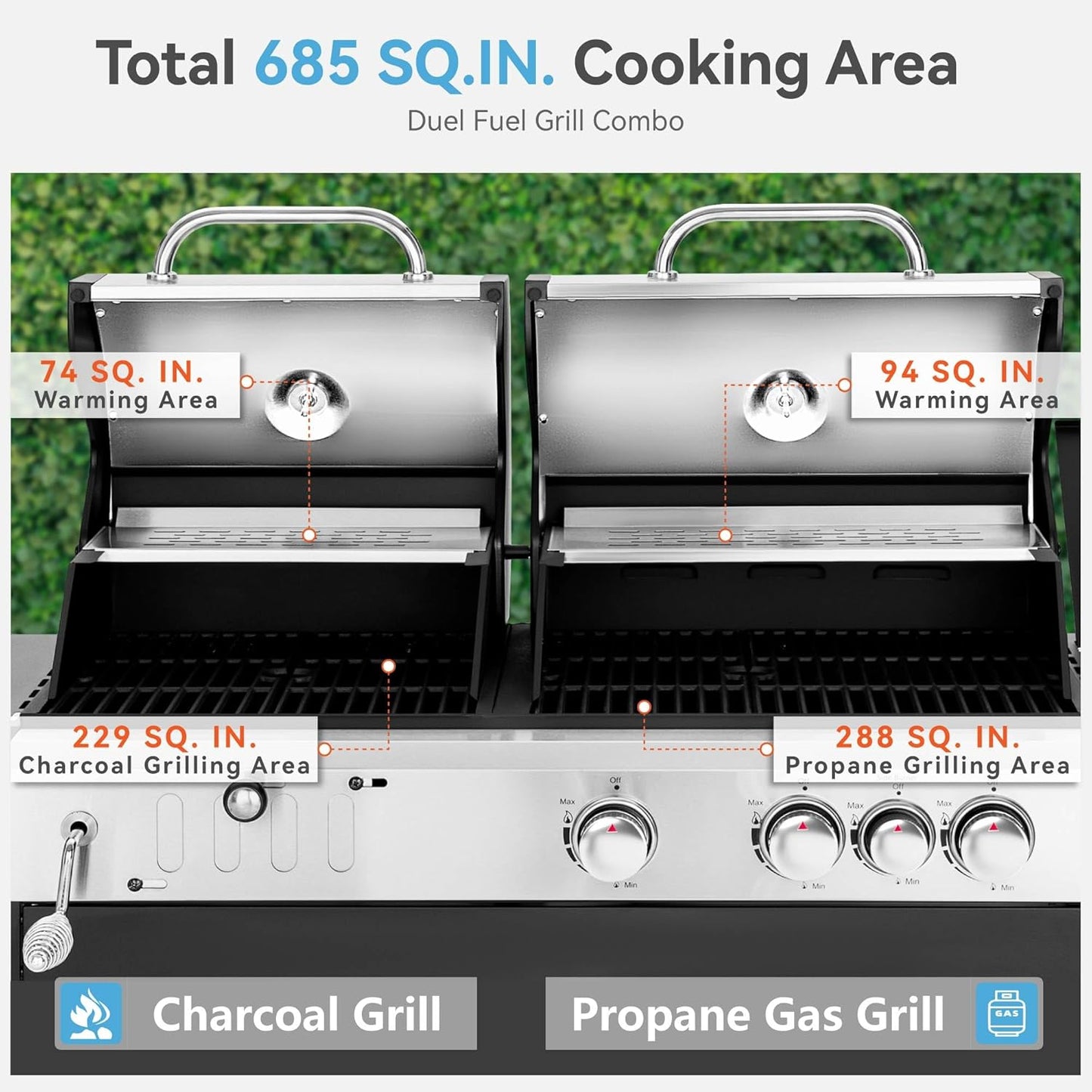 3 Burner Propane Gas and Charcoal Grill Combo with Side Burner & Porcelain-Enameled Cast Iron Grates, 37,000 BTUs 685 SQIN Dual Fuel Outdoor BBQ Grill for Patio Garden Picnic Backyard Barbecue Cooking