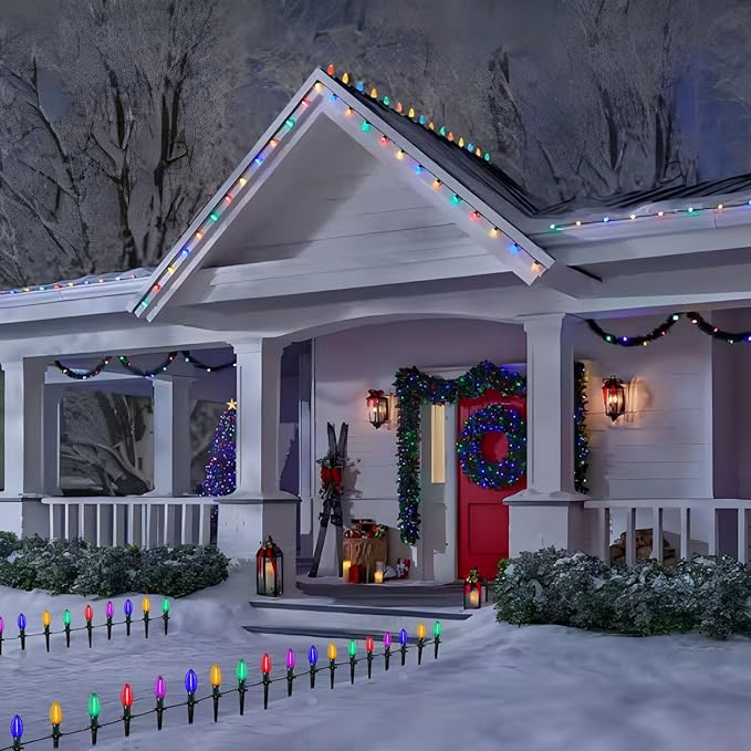 38Ft C9 LED Christmas Pathway Lights Outdoor, 25 Multicolor Bulbs String Waterproof With Stakes, Connectable Walkway for Outdoor Yard Lawn Sidewalk Driveway Decor