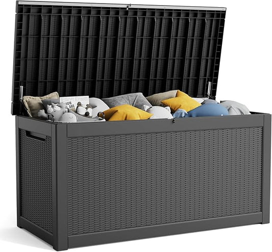 260 Gallon Resin Deck Box, Lockable Patio Outdoor Storage Box for Furniture, Garden Tools and Tools Storage, Waterproof Outside Storage Boxes - Black