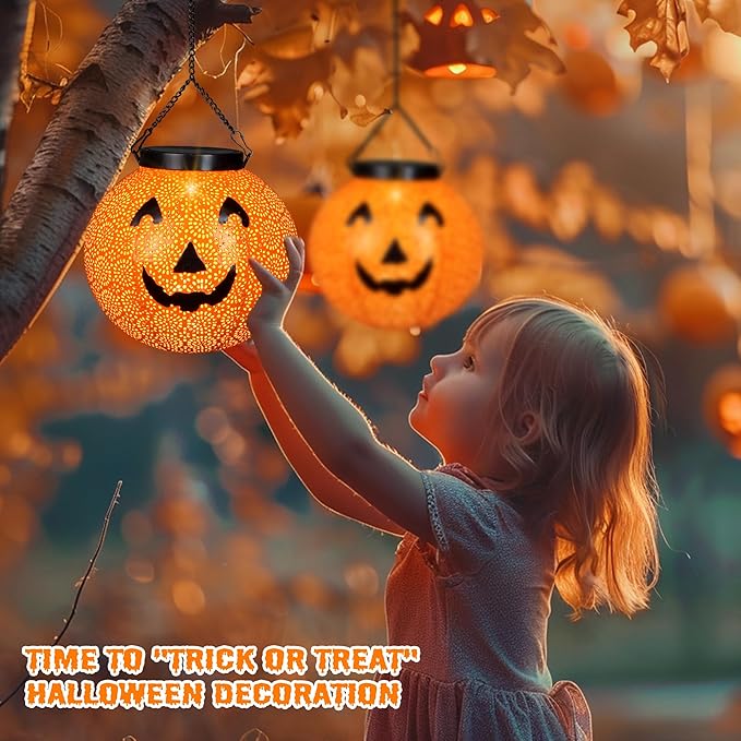 Halloween Solar Hanging Lights Outdoor - Solar Metal Halloween Lantern Decor, Solar Powered Led Waterproof Decorative Round Hanging Light for Garden, Yard, Patio, Pathway, Porch