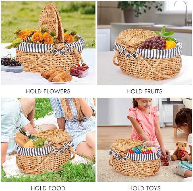 Happypicnic Wicker Picnic Basket with Handle, 15" Large Empty Picnic Basket with Lid & Removable Liner, Vintage Hand Woven Basket for Picnics, Camping, Veg Picking, Mother'S Day, Thanksgiving (Stripe)