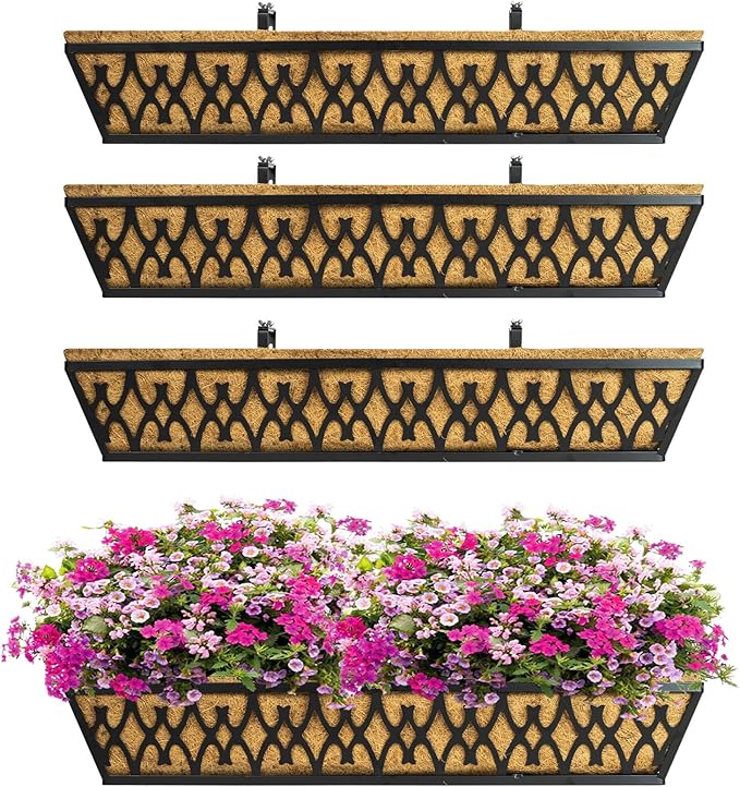 4 Pack 30 Inch Window Boxes Planters Railing Planter Box with Adjustable Brackets for Porch Fence Patio Balcony Hanging Flower Baskets with Coco Liners for Outdoor Garden Decor - Black