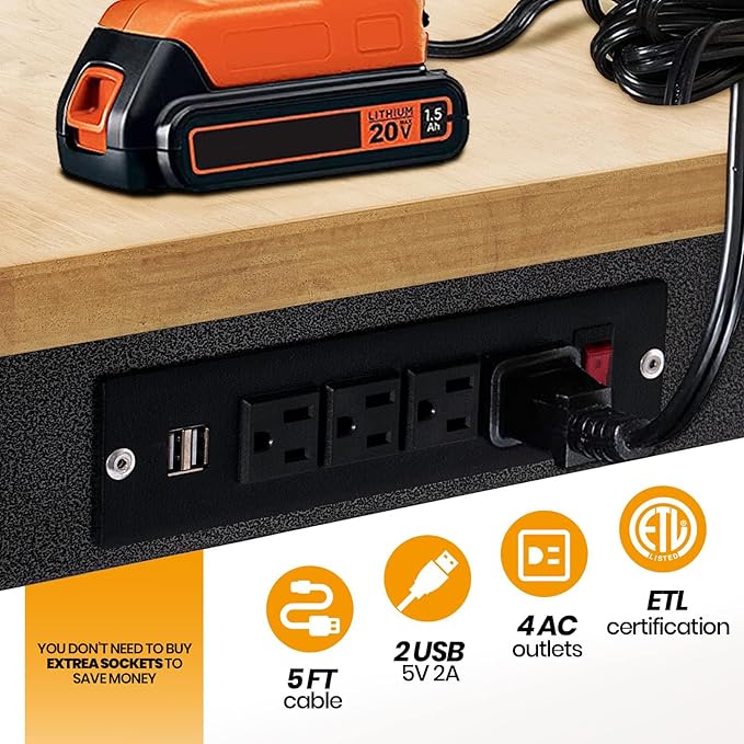 48" Adjustable Work Bench, Rubber Wood Top Workbench Heavy-Duty Work Table with Power Outlet, 2000 LBS Load Capacity Hardwood Work Benches for Garage, Workshop, Home, Office, Easy Assembly