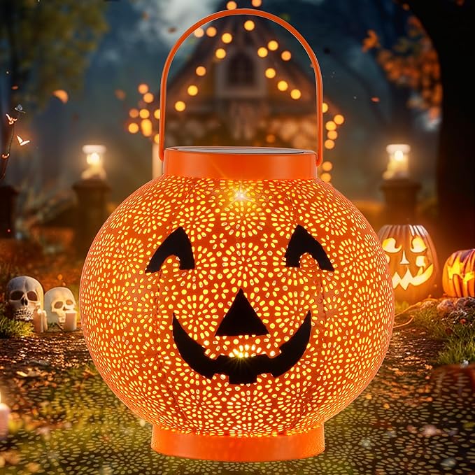 Halloween Decoration Hanging Solar Lantern Outdoor - Solar Powered Pumpkin Led Jack-O Lights, Waterproof Halloween Decor Metal Round Lantern for Yard, Patio, Pathway, Porch, Lawn, Garden, Outside