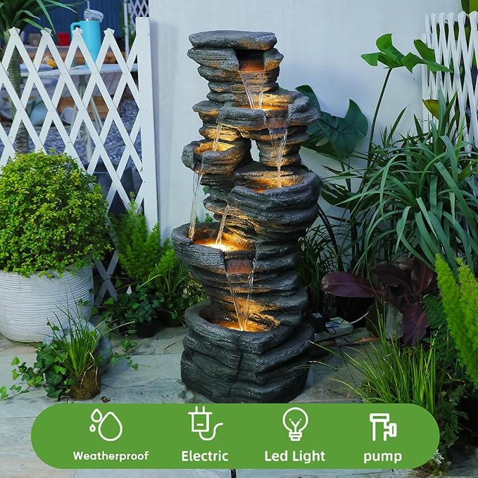 42.5" H Garden Outdoor Water Fountain with LED Lights & Pump, Mutiply-Tier Cascading Outdoor Fountain for Garden,Patio,Porch,Backyard,Home Art Decor