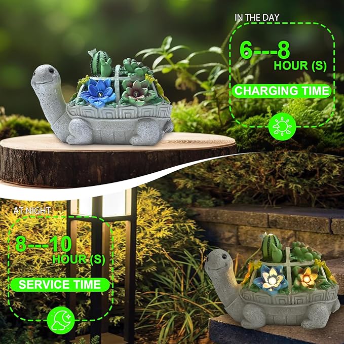 Garden Decor Statue,Solar Turtle with Succulent & 6 LED Lights - Outdoor Figurine for Lawn Decoration, Gifts for mom，Handcrafted Resin Sculpture -Garden Lovers/Mothers Day/Christmas Day Gift