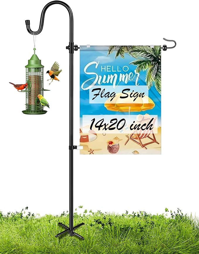 Garden Flag Holder Stand with Shepherd Hook for 14'' x 20'' Flags Upgraded Flagole with 2 Spring Stoppers and 1 Clip, Yard Garden Flag Holder for Flags Weather-Proof (Without Solar Lights & Flag)