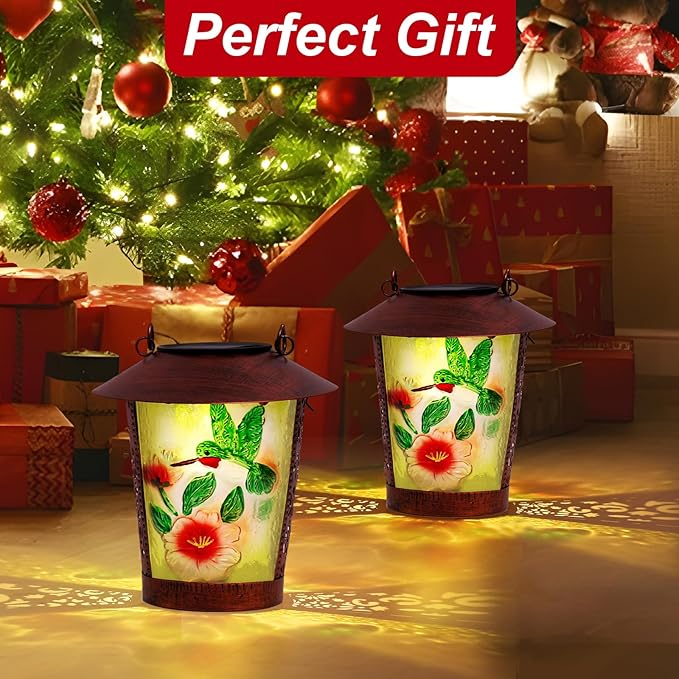 Hanging Solar Lantern Outdoor Decorative Waterproof LED Solar Hummingbird Lights Tabletop Lamp with Hollowed-Out Design for Outdoor Garden Patio Yard Deck Table Porch Pathway Wall