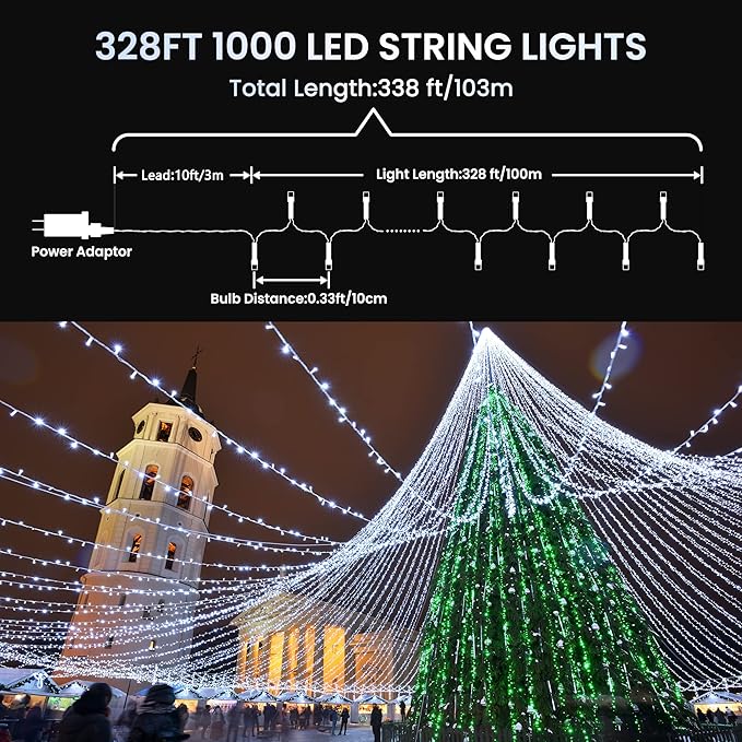 338Ft Christmas Lights Outdoor, 1000 LED Christmas String Lights with 8 Modes, Timer, Waterproof Fairy Twinkle Lights for Christmas Party, Garden, Wedding, Holiday, Xmas Tree Decorations (Cool White)