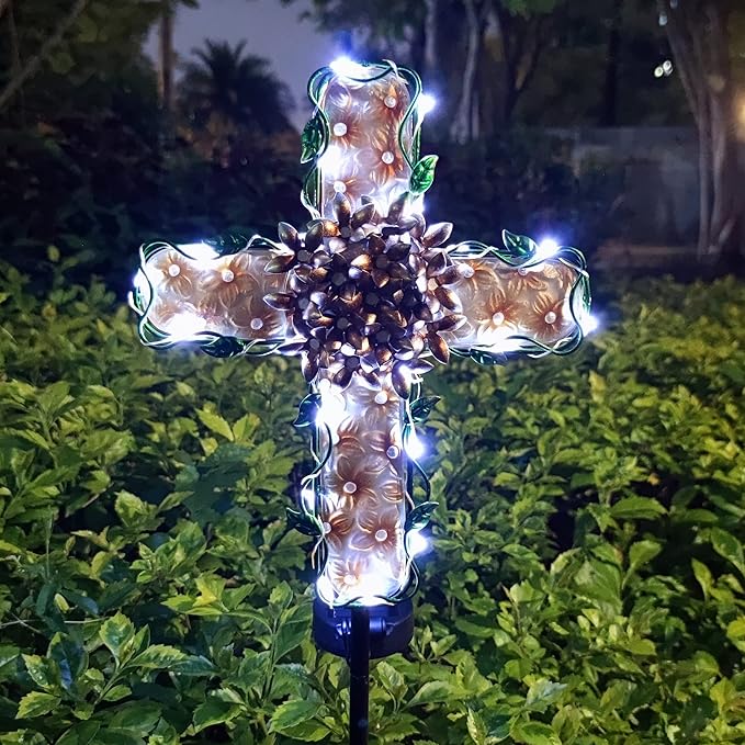 38inch Solar Cross Garden Lights Outdoor Decorative - Solar Metal&Glass Cross Apricot Hydrangea Flower Stake Lights- Waterproof 20 White LED for Remembrance Gifts & Sympathy Gifts