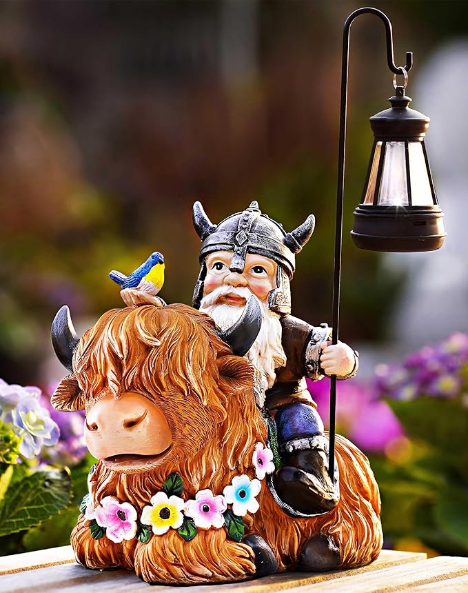 Garden Gnome Outdoor Statue 12 Inch Highland Cow Gnomes Decorations for Yard Patio Lawn Porch Birthday Gifts for Women Men, Mother’s Day, Housewarming with Solar Light Funny Decor for Outside