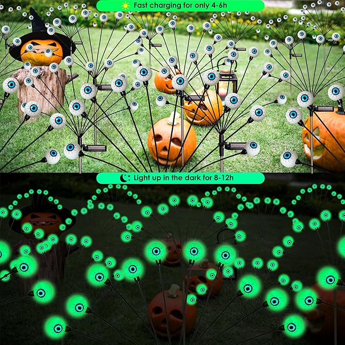Halloween Decorations, 4 Pack 40LED Solar Halloween Lights Outdoor Scary Eyeball Waterproof Halloween Solar Garden Lights Swaying Firefly Lights for Yard Garden Patio Party Decor Green