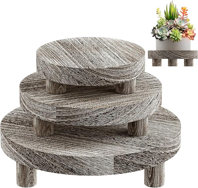 3 Pcs Wood Plant Stand Indoor Outdoor, Round Wood Riser for Decor 6/8/10" Wooden Stool Display Stand Flower Pot Holder Small Planter Tray Modern Potter Decorative (Rustic Grey)
