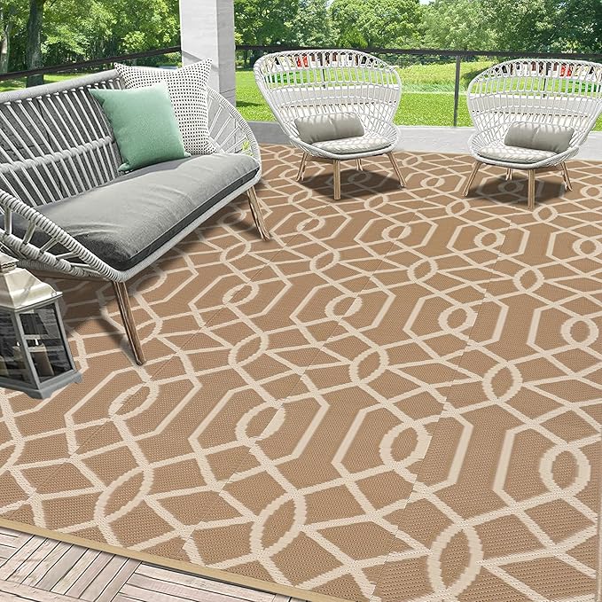 HEBE Outdoor Rug Waterproof 9x12, Reversible Plastic Straw Rug RV Camping Rug, Indoor Outdoor Patio Mat Clearance, Outside Carpet for Porch,Deck,Camper,Balcony,Backyard,Picnic