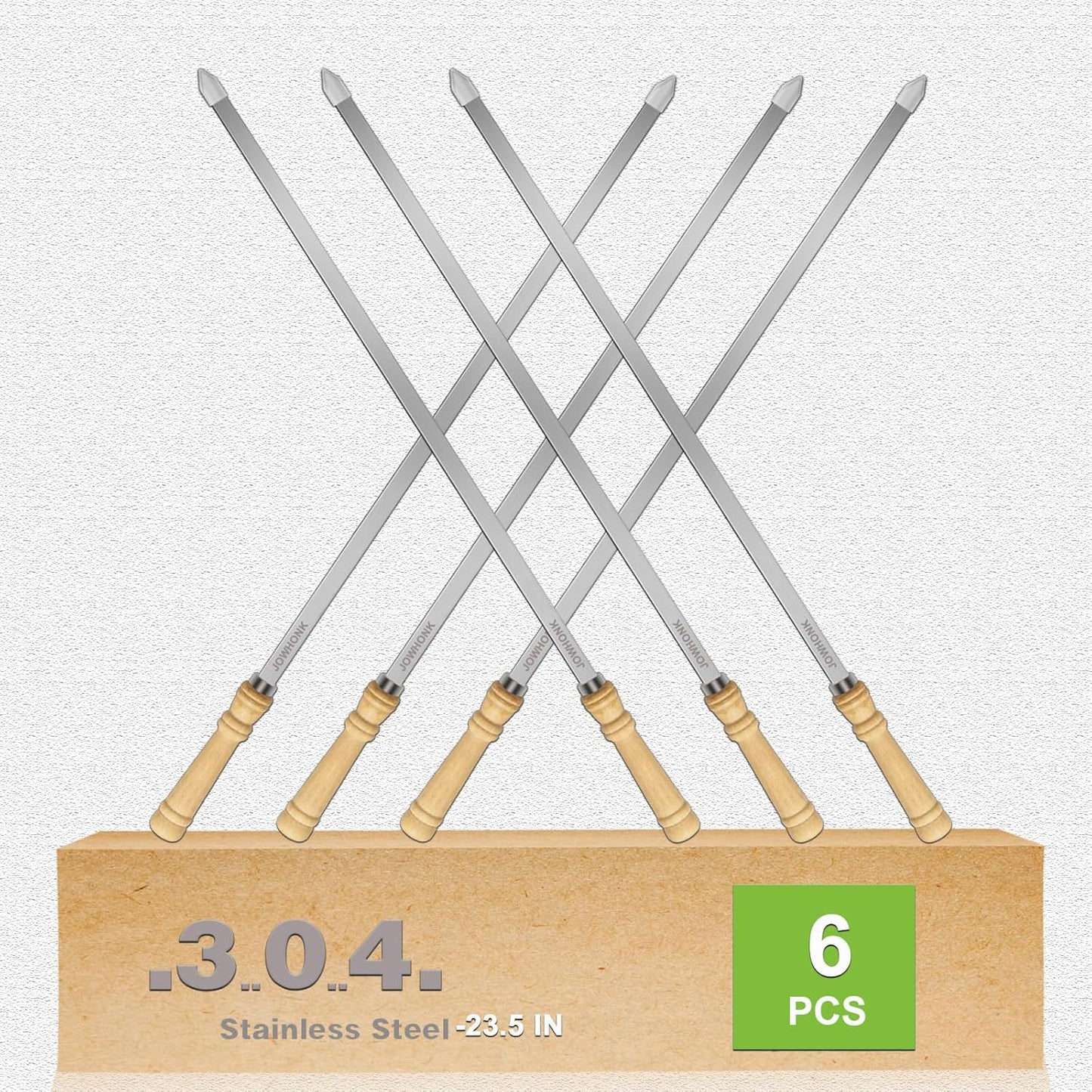 23.5" Long 304 Stainless Steel Skewers for Kabobs with Wood Handle,Heavy Duty Wide Flat Metal Kebab Skewer,Kabob Skewers for Grilling,BBQ Barbecue Skewer Reusable for Outdoor Grill（6 PCS）