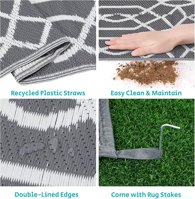 HEBE Outdoor Rug Waterproof 9x12, Reversible Plastic Straw Rug RV Camping Rug, Indoor Outdoor Patio Mat Clearance, Outside Carpet for Porch,Deck,Camper,Balcony,Backyard,Picnic