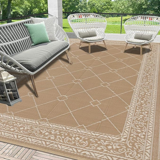 HEBE Outdoor Rug Waterproof 8x10, Reversible Plastic Straw Rug RV Camping Rug, Indoor Outdoor Patio Mat Clearance, Outside Carpet for Porch,Deck,Camper,Balcony,Backyard,Picnic