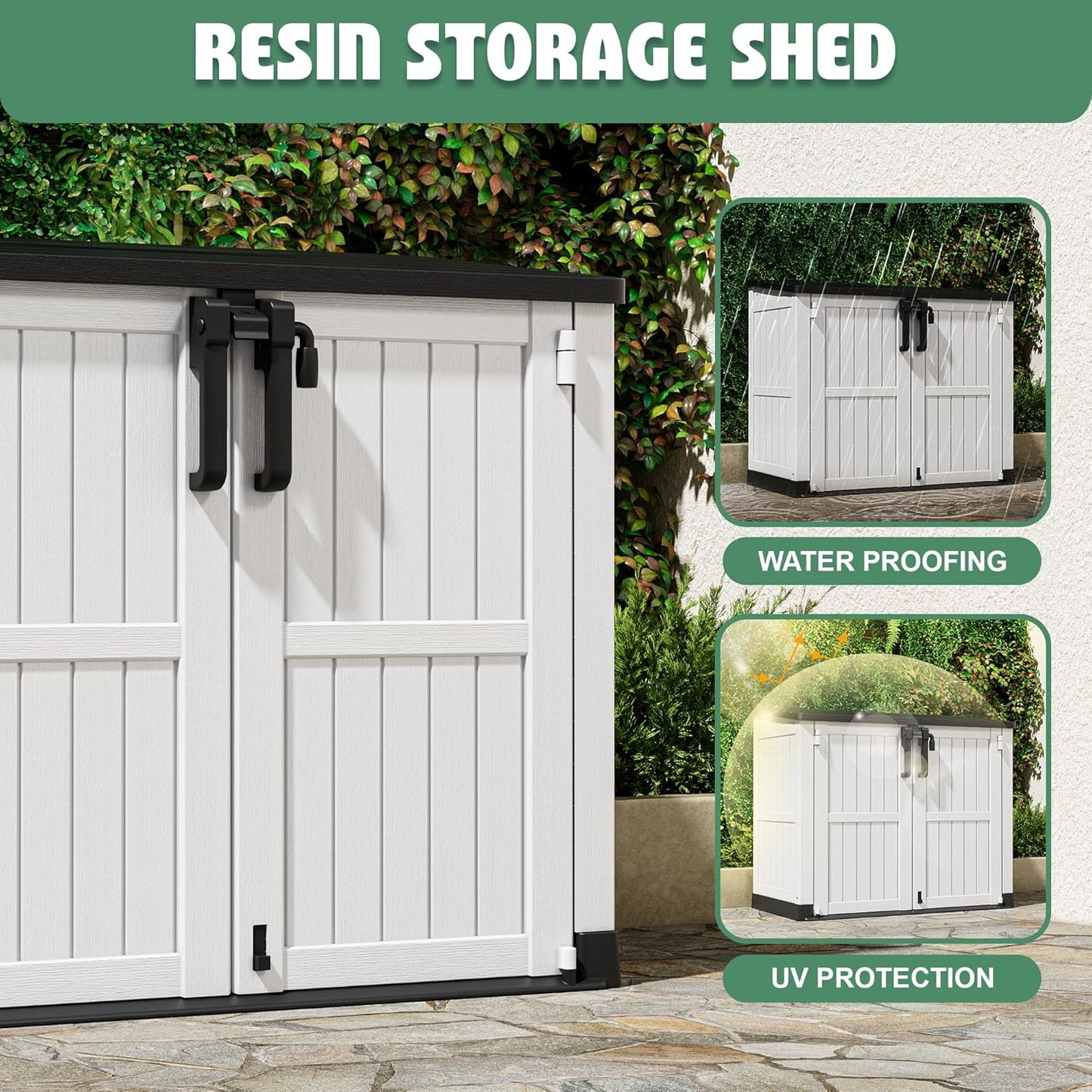 Horizontal Resin Storage Shed 36 Cu Ft with Lockable Doors, Portable Outdoor Storage Cabinet -Easy to Assemble,Sheds & Outdoor Storage, Waterproof Outdoor Storage Box for Backyards