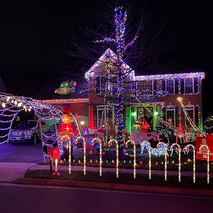 26" Candy Cane Lights Christmas Decorations - 10 Pack Pathway Markers Outdoor Yard Decorations, Candy Cane Lights for Walkway, Lawn, Garden, Xmas Indoor Ornaments, Red & Green (100 Lights Bulbs)