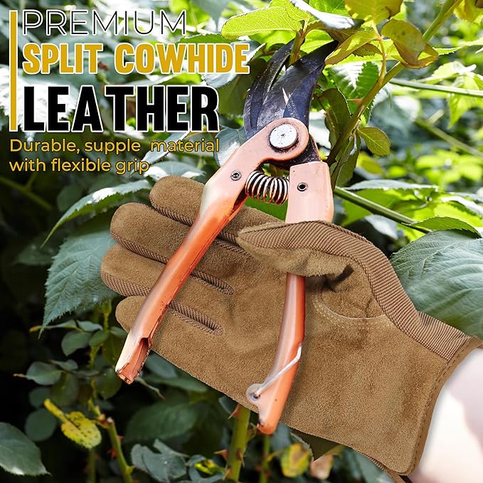 HANDLANDY Leather Work Gloves for Men & Women, Reinforced Durable Garden Gloves, Cowhide Working Glove for Gardening