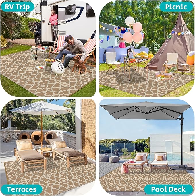 HEBE Outdoor Rug Waterproof 9x12, Plastic Straw Rug Camping Rug, Reversible Outdoor Patio Rugs RV Mat Clearance, Indoor Outside Floor Carpet for Porch,Deck,Camper,Balcony,Backyard