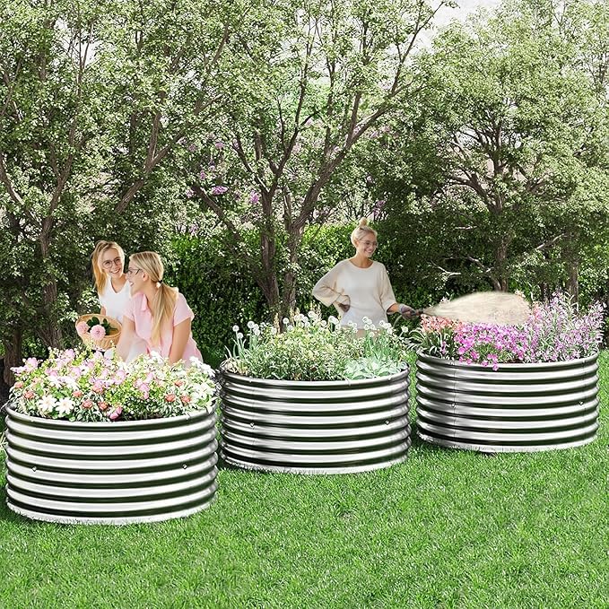 4 Pack 3x3FT Round Galvanized Raised Garden Bed Outdoor,Metal Garden Bed for Vegetables,Steel Raised Beds for Gardening,Above Ground Garden Box for Flower-R37