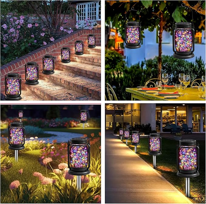 4 Pack Hanging Solar Lantern Lights, 30LED Vintage Glass Mason Jar Solar Fairy Lights Outdoor Decorative Waterproof Table Lamp with Stakes for Patio Yard Lawn Tree