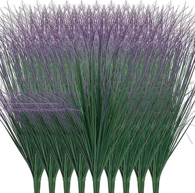 36Pcs Artificial Grass Plants, Faux Shrubs Wheat Grass, Artificial Tall Grass Fake Plants for Outdoor Decor,Artificial Greenery Stems Weed for Room Indoor Home Decor（Green Purple Tail）