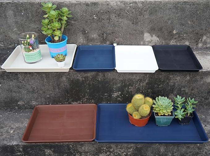 4 Pack Plant Saucer Tray Rectangular, Plant Saucers for Indoors, Heavy Sturdy Plastic Plant Drainage Trays, Plant Drip Trays for Pots, Seed Starter Growing Tray (11 x 9 inch, Blue)