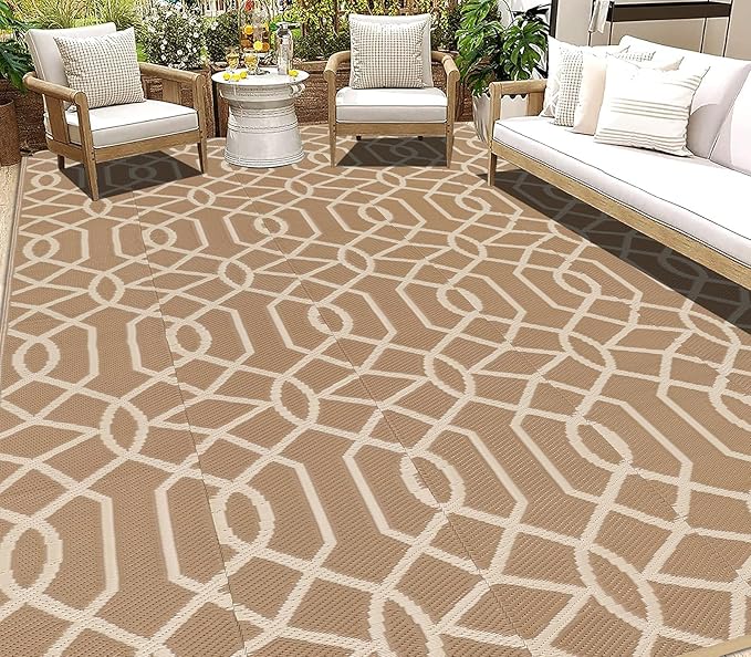 HEBE Outdoor Rug Waterproof 9x12, Reversible Plastic Straw Rug RV Camping Rug, Indoor Outdoor Patio Mat Clearance, Outside Carpet for Porch,Deck,Camper,Balcony,Backyard,Picnic