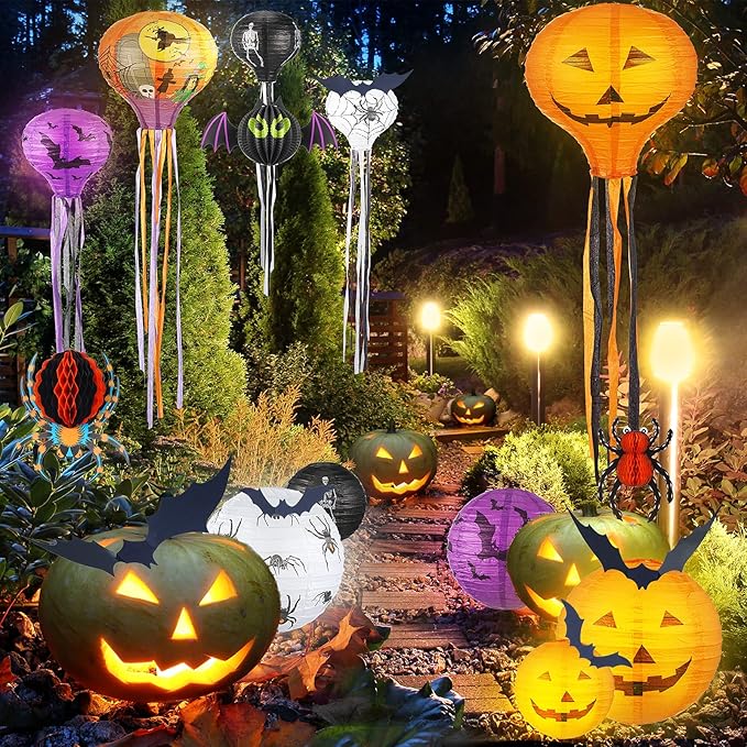 48 Pieces Halloween Decorations Paper Lanterns Pumpkin Skeleton Paper Lanterns 3D Bat Wall Stickers Spider Wall Hanging for Halloween Party Garden Bedroom Cobwebs Indoor Outdoor, 12 Inch and 8 Inch