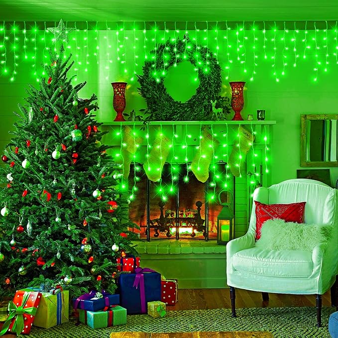 33ft Icicle Lights for Outside, Green Christmas Lights Outdoor Waterproof, 400 LED Twinkle Tree With 75 Drops Clear Wire Short Curtain for House, Room, Home Wall Indoor Decorations